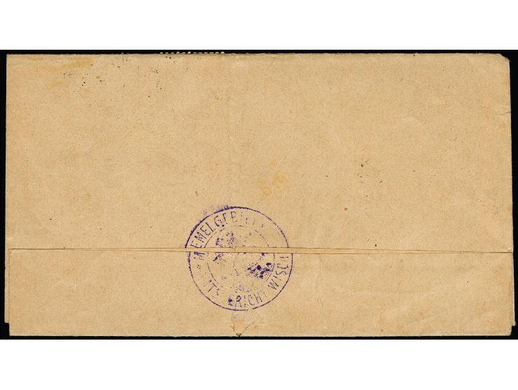 Sichelausgabe 10 M., zwei waagerechte Paare sowie 100 M. als Einzelwert mit Stempel "WISCHWILL 23.2.23" auf Zustellurkunde na