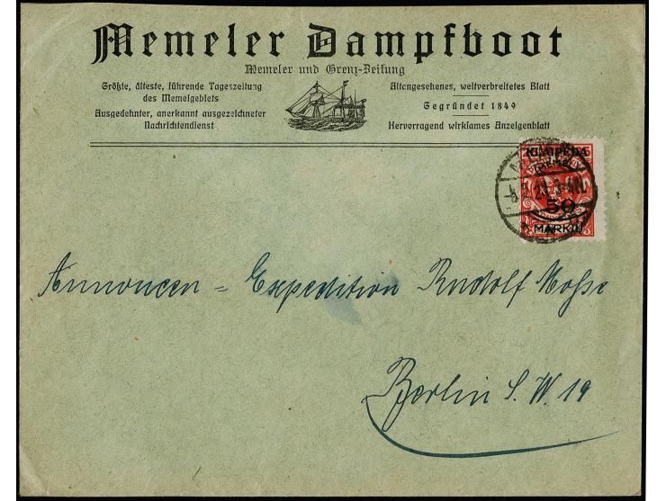 Sichelausgabe 50 M. mit Stempel "MEMEL 5.2.23" auf schönen Firmen-Vordruckbrief "Memeler Dampfboot", rückseitig "Buchdruckere