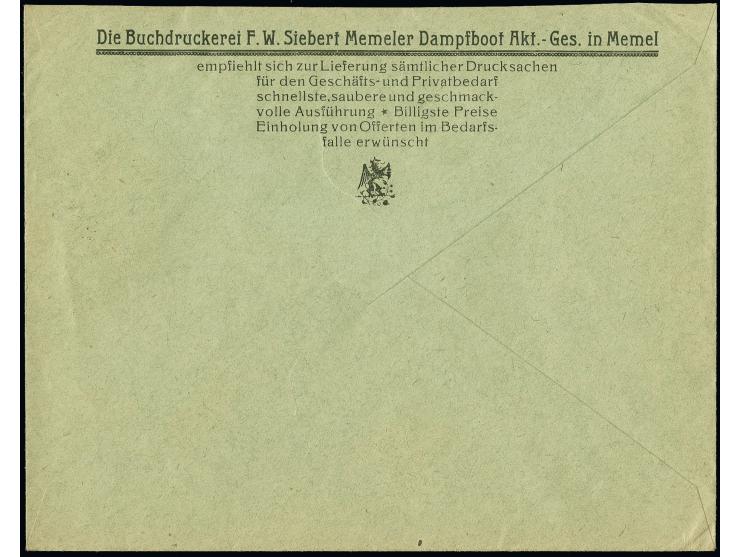 Sichelausgabe 50 M. mit Stempel "MEMEL 5.2.23" auf schönen Firmen-Vordruckbrief "Memeler Dampfboot", rückseitig "Buchdruckere