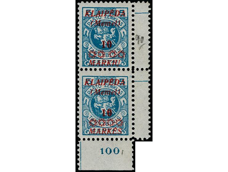 1923, Sternaufdrucke 10 M. auf 5 C. im senkrechten Paar aus der rechten unteren Bogenecke (unten rechts kleiner Teil fehlend)