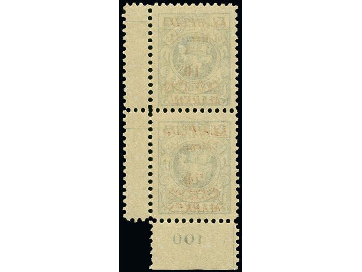 1923, Sternaufdrucke 10 M. auf 5 C. im senkrechten Paar aus der rechten unteren Bogenecke (unten rechts kleiner Teil fehlend)