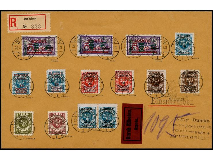 Wappenreiter 300 und 500 M. mit guter Zufrankatur mit Stempel "HEYDEKRUG 28.4.23" auf Orts-Eil-R-Brief, gute Erhaltung, sign.