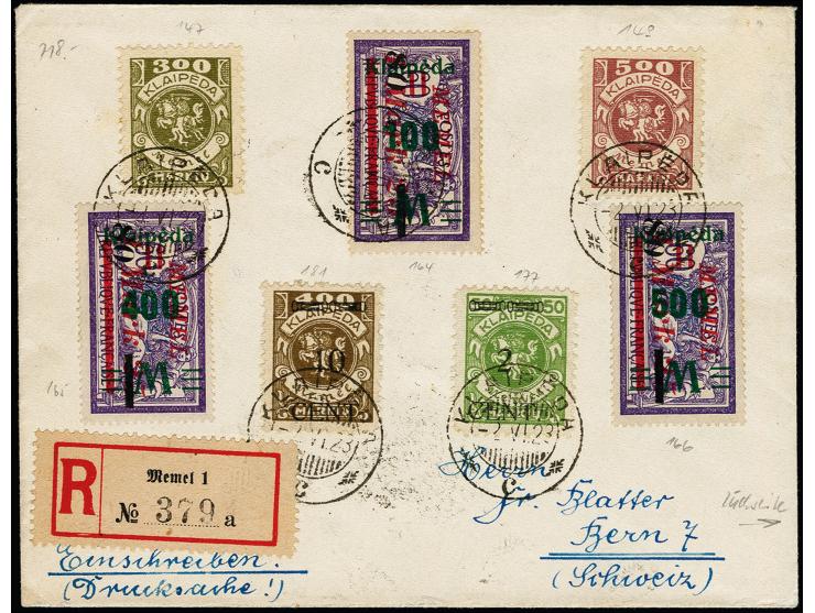 Wappenreiter 300 und 500 M. sowie letztes Mark-Provisorium 100-500 M. mit Zufrankatur mit Stempel "KLAIPEDA -2.VI.23" auf R-B