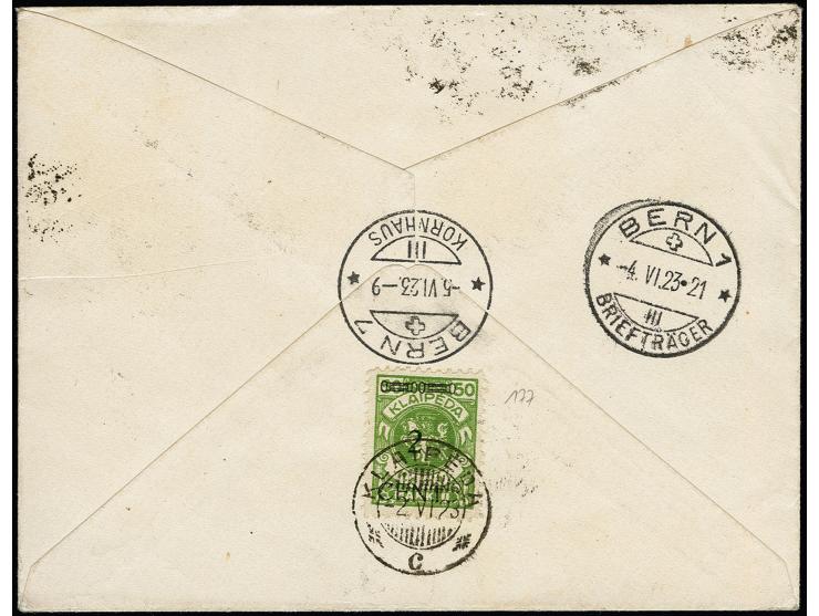 Wappenreiter 300 und 500 M. sowie letztes Mark-Provisorium 100-500 M. mit Zufrankatur mit Stempel "KLAIPEDA -2.VI.23" auf R-B