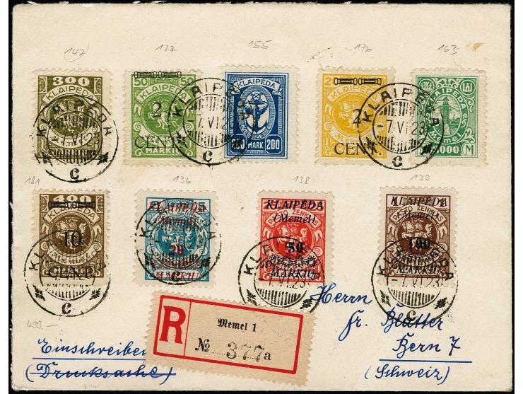 Wappenreiter 300 M. mit Zufrankatur mit Stempel "KLAIPEDA -7.VI.23" auf R-Brief nach Bern, tadellos