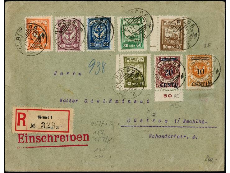 Hafenjubiläumsausgabe 40-80, 200 und 400-500 M. mit Zufrankatur mit Stempel "KLAIPEDA 17.V.23" auf R-Brief nach Güstrow, die 