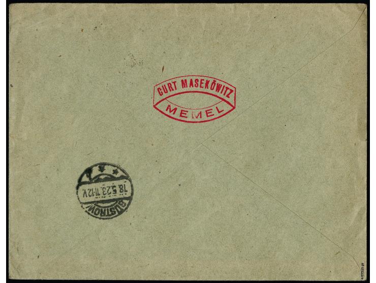 Hafenjubiläumsausgabe 40-80, 200 und 400-500 M. mit Zufrankatur mit Stempel "KLAIPEDA 17.V.23" auf R-Brief nach Güstrow, die 