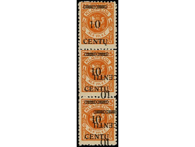 1923, 10 C. auf 25 M. im senkrechten 3er-Streifen, die mittlere und untere Marke mit doppeltem, davon einer kopfstehend, Aufd