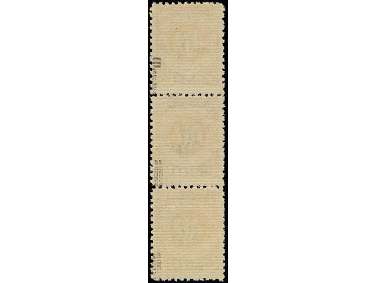 1923, 10 C. auf 25 M. im senkrechten 3er-Streifen, die mittlere und untere Marke mit doppeltem, davon einer kopfstehend, Aufd