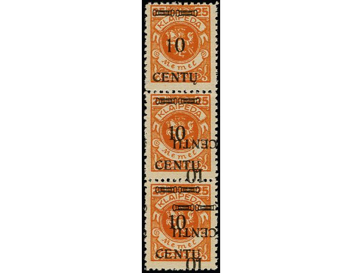 1923, 10 C. auf 25 M. im senkrechten 3er-Streifen, die mittlere und untere Marke mit doppeltem, davon einer kopfstehend, Aufd