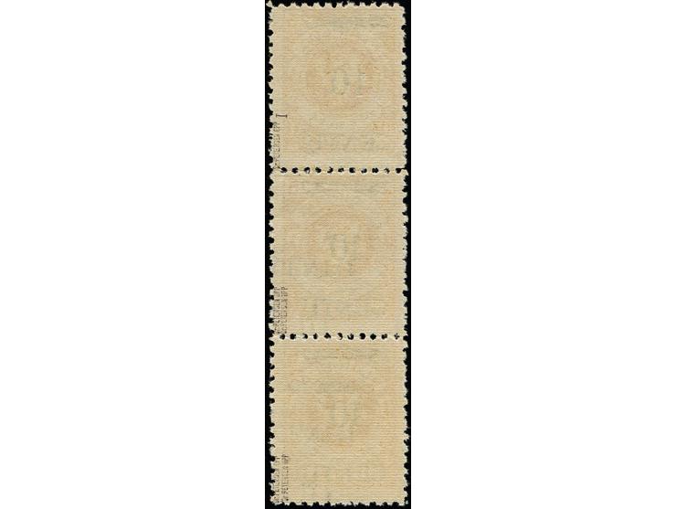 1923, 10 C. auf 25 M. im senkrechten 3er-Streifen, die mittlere und untere Marke mit doppeltem, davon einer kopfstehend, Aufd