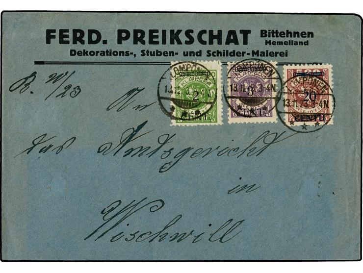 20 C. auf 500 M. mit Zufrankatur mit Stempel "LOMPÖNEN 13.11.23" auf Brief nach Wischwill, gute Erhaltung