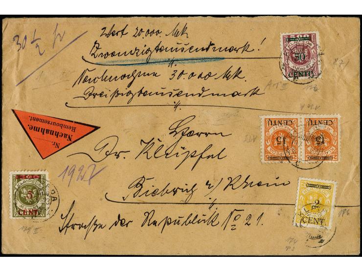 50 C. auf 500 M. mit Zufrankatur mit Stempel "KLAIPEDA 17.V.23" auch Nachnahmebrief über 20.000 M. ach Biebrich, Marken und U