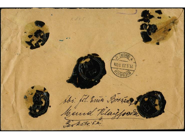 50 C. auf 500 M. mit Zufrankatur mit Stempel "KLAIPEDA 17.V.23" auch Nachnahmebrief über 20.000 M. ach Biebrich, Marken und U