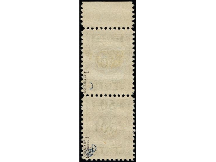 50 C. auf 500 M. im senkrechten Oberrandpaar mit doppeltem, gleichstarken Aufdruck, die obere Marke durch eine Aufdruckversch