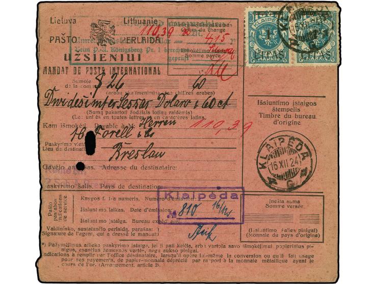 1 L. auf 1000 M. im waagerechten Paar mit Stempel "KLAIPEDA 16.XII24" auf Postanweisung über 26,60USD nach Breslau, leichte F