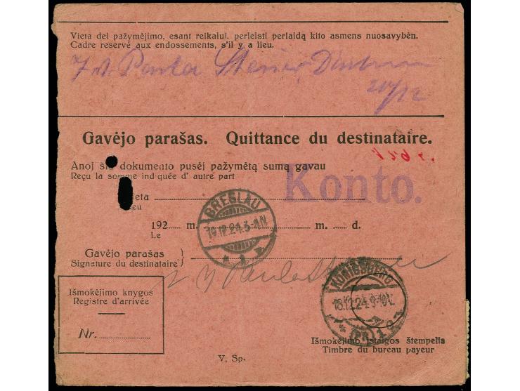 1 L. auf 1000 M. im waagerechten Paar mit Stempel "KLAIPEDA 16.XII24" auf Postanweisung über 26,60USD nach Breslau, leichte F