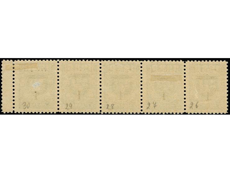 1 L. auf 1000 M. im waagerechten Fünferstreifen mit Zwischenstegansatz rechts, vertikal etwas verschobener Aufdruck, die Mark