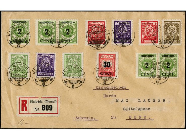 Blockziffern 2 C. auf 50 M., zwei waagerechte Paare und ein Einzelwert mit Zufrankatur mit Stempel "KLAIPEDA -6.XI.23" auf R-
