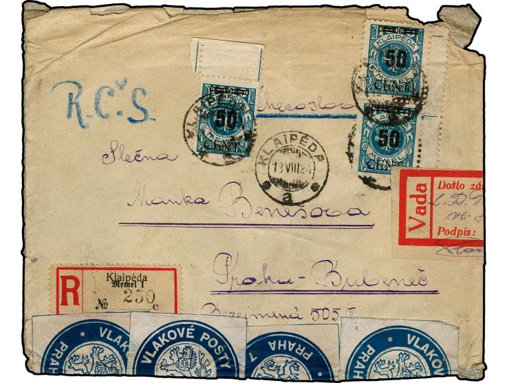 50 C. auf 1000 M. im senkrechten Paar und als Einzelwert mit Stempel "KLAIPEDA 13.VIII.24" auf R-Brief nach Prag, im Transit 