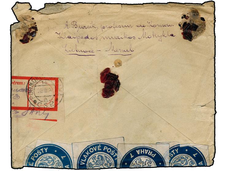 50 C. auf 1000 M. im senkrechten Paar und als Einzelwert mit Stempel "KLAIPEDA 13.VIII.24" auf R-Brief nach Prag, im Transit 