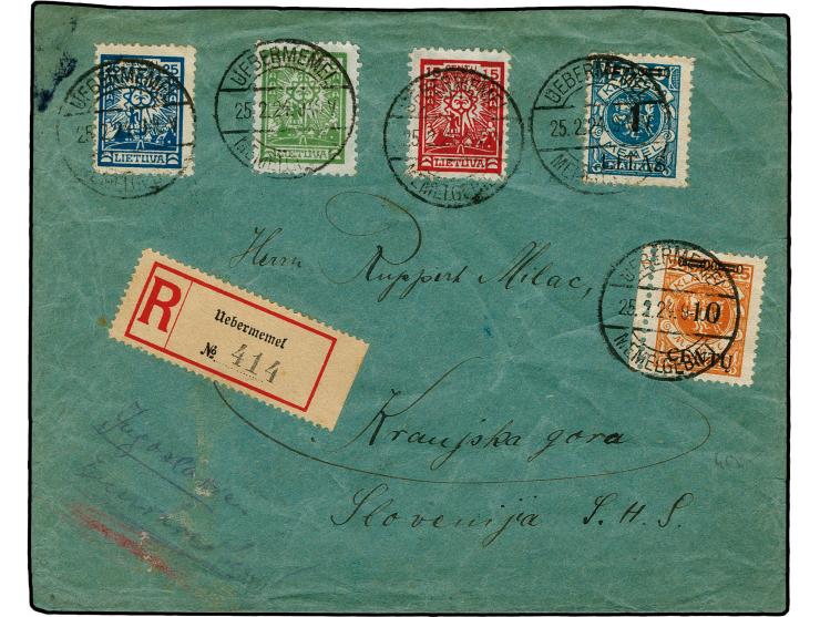 Blockziffern 1L. auf 1000 M. mit Zufrankatur mit Stempel "UEBERMEMEL 25.2.24" auf R-Brief nach Kranjska Gora, Slowenien, etwa