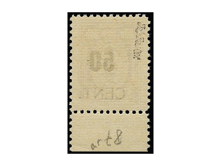 50 C. auf 400 M. Oberrandstück mit kopfstehendem Aufdruck, postfrisch (kl. Haftstelle im Oberrand), tadellos, sign. Ing. Beck
