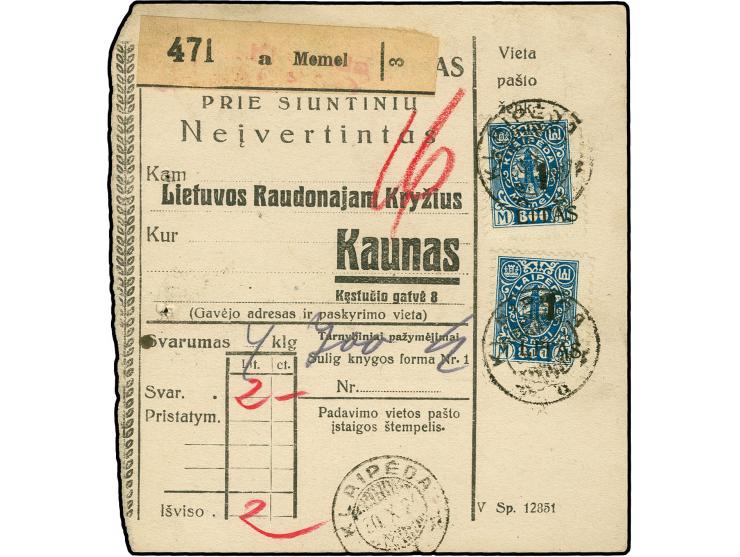 1923, 1L. auf 800 M. mit Stempel "KLAIPEDA 30.X.24" auf Paketkarte nach Kaunas, eine Marke mit Aufdruckfehler I, seltene Mehr