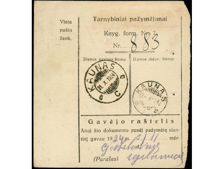 1923, 1L. auf 800 M. mit Stempel "KLAIPEDA 30.X.24" auf Paketkarte nach Kaunas, eine Marke mit Aufdruckfehler I, seltene Mehr