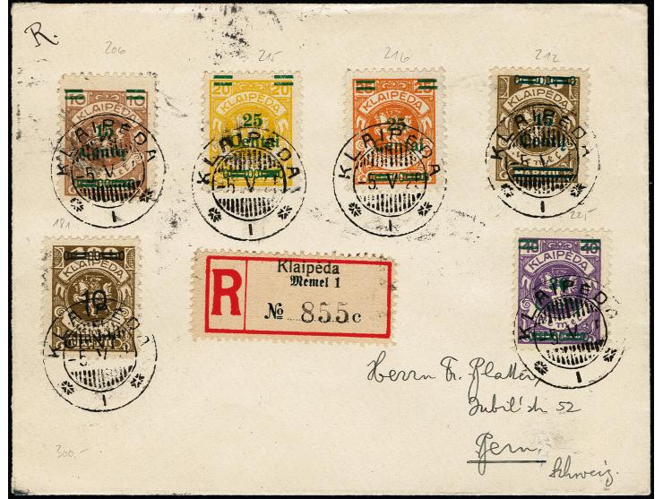 1923, 24-Werte Ausgabe 15 auf 10 M. mit Zufrankatur mit Stempel "KLAIPEDA -5.V.25" auf R-Brief nach Bern, tadellos
