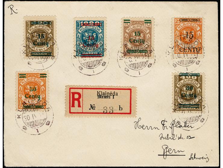 15 C. auf 1000 M. mit Zufrankatur mit Stempel "KLAIPEDA 30.IV.25" auf nicht gelaufenem R-Brief nach Bern, gute Erhaltung