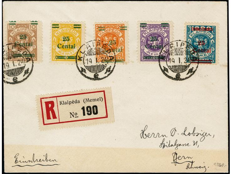 25 C. auf 1000 M. mit Zufrankatur mit Stempel "KLAIPEDA 19.I.24" auf nicht gelaufenem R-Brief nach Bern, der Umschlag etwas v