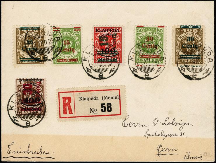 15 C. auf 25 C. mit Zufrankatur mit Stempel "KLAIPEDA 27.XII.23" auf R-Brief nach Bern, Umschlag etwas verfärbt, sonst tadell