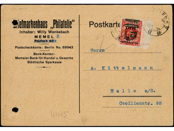 15 C. auf 25 C. mit Zwischenstegansatz links mit Stempel "KLAIPEDA 2" auf links gelochter Karte nach Halle, gute Erhaltung