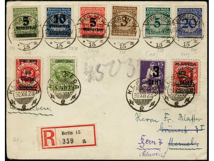 15 C. auf 25 C. mit Zufrankatur mit Stempel "KLAIPEDA 30.XII.23" als Nachsendefrankatur auf R-Brief von Berlin nach Bern, gut