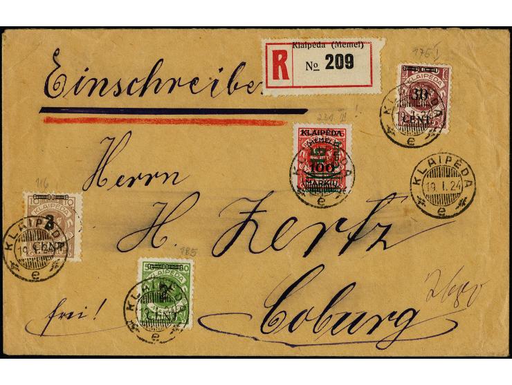 15 C. auf 25 C. mit Zufrankatur mit Stempel "KLAIPEDA 19.I.24" auf portogerechtem R-Brief nach Coburg, Zufrankatur teils mini