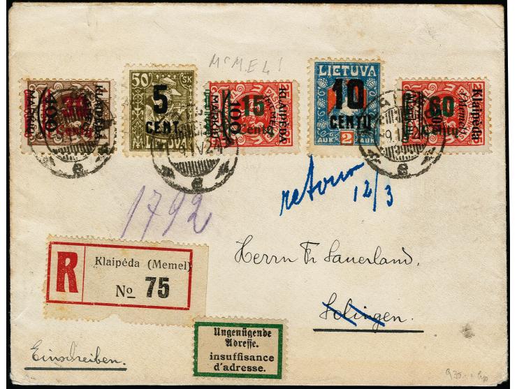 15 C. auf 25 C. mit Aufdruckfehler "erstes E in MEMEL verstümmelt" mit Zufrankatur mit Stempel "KLAIPEDA 9.IV.24" auf R-Brief