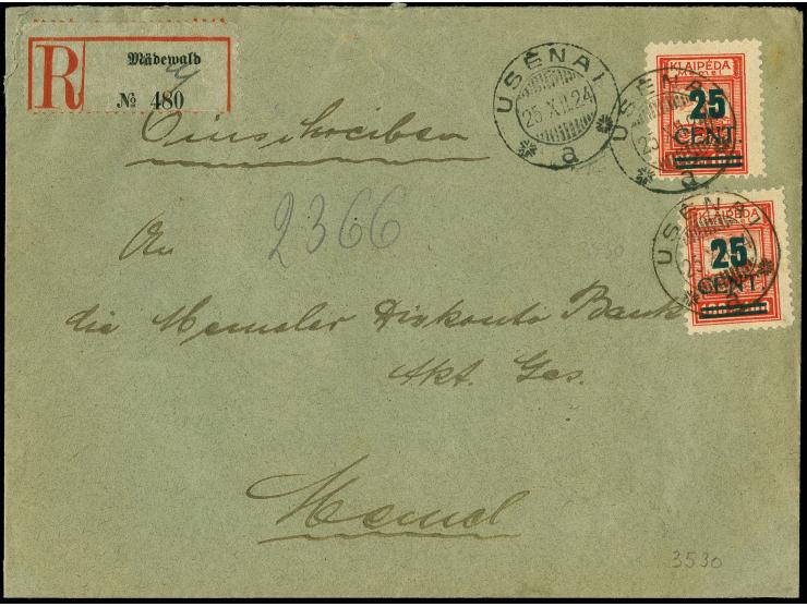 1923, Grünaufdruck 25 C., zwei Einzelwerte mit klarem Stempel "USENAI 25 XII 24" auf portogerechtem R-Brief mit deutschem R-Z
