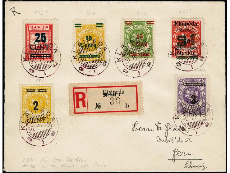 Grünaufdruck 25 C. mit Zufrankatur mit Stempel "KLAIPEDA 30.IV.25" auf R-Brief nach Bern, tadellos