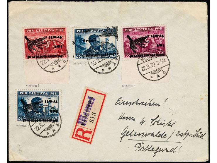 15, 35 und 60 C. je mit kopfstehendem Aufdruck sowie 60 C. mit stark verschobenem Aufdruck mit Stempel "MEMEL 22.3.9" auf R-B