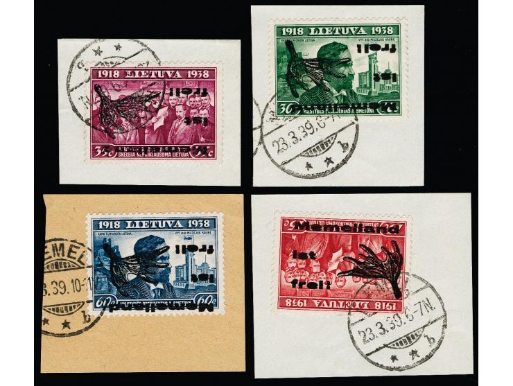 15-60 C., je mit kopfstehendem Aufdruck mit Stempel "MEMEL 23.3.39" auf Briefstücken, 15-30 C. in Type II, 35 C. in Type II u