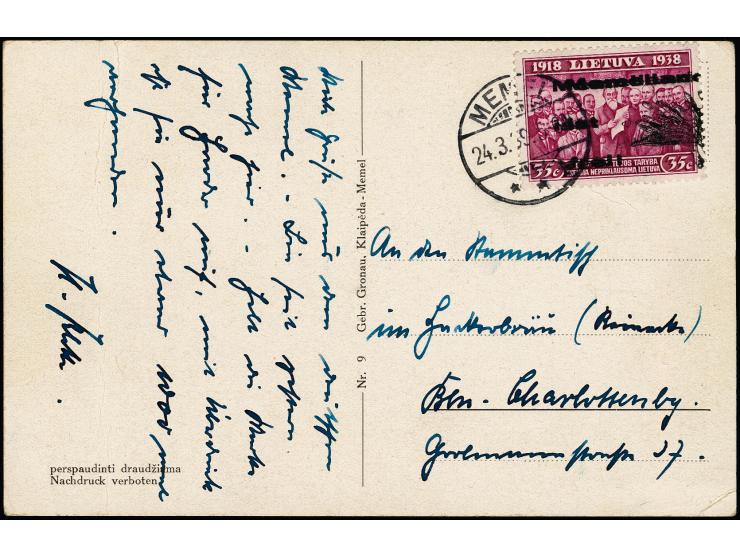 35 C. mit klarem Doppeldruck mit Stempel "MEMEL * * b  24.3.39 5-6N" auf Postkarte nach Berlin, tadellos, selten, Fotoattest 