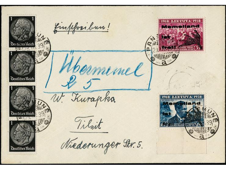 35 und 60 C. mit Zufrankatur Deutsches Reich Hindenburg 1 Pfg. im Viererstreifen mit Stempel "PANEMUNE 29.III.39" auf portoge