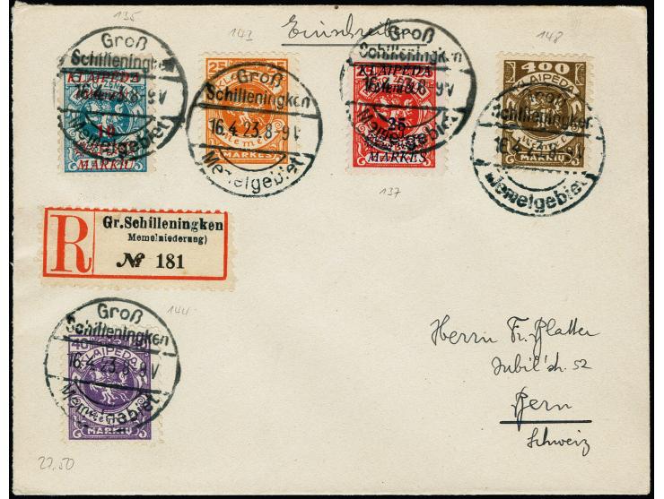  "Groß Schilleningken Memelgebiet 16.4.23" mehrfach klar auf u.a. Wappenreiter 25, 40 und 400 M. auf R-Brief nach Bern, gute 