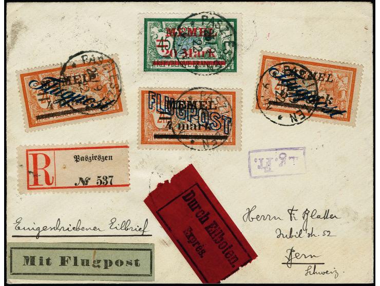 "PASZIESZEN 25/9 22" mehrfach klar auf u.a. Flugpost 1921 4 m. auf Eil-R-Luftpostbrief nach Bern, rückseitig Luftpost- und Tr