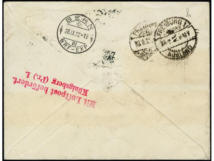"PASZIESZEN 25/9 22" mehrfach klar auf u.a. Flugpost 1921 4 m. auf Eil-R-Luftpostbrief nach Bern, rückseitig Luftpost- und Tr
