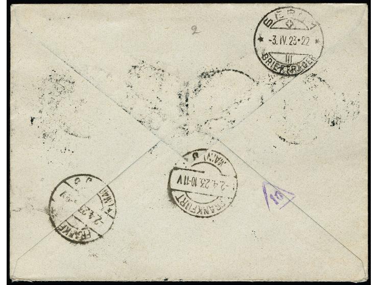 "SCHUSTERN MEMELGEBIET 31.3.23" mehrfach klar auf u.a. Wappenreiter 20 und 400 M. auf R-Brief nach Bern, rückseitig Transist-