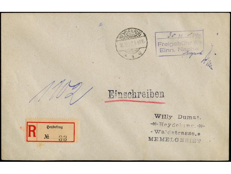 BARFRANKATUREN: "Freigebühr für Einn. Nachw." violetter Ra3 mit eingesetzem Wert und nebengesetzten Stempel "HEYDEKRUG 18.12.
