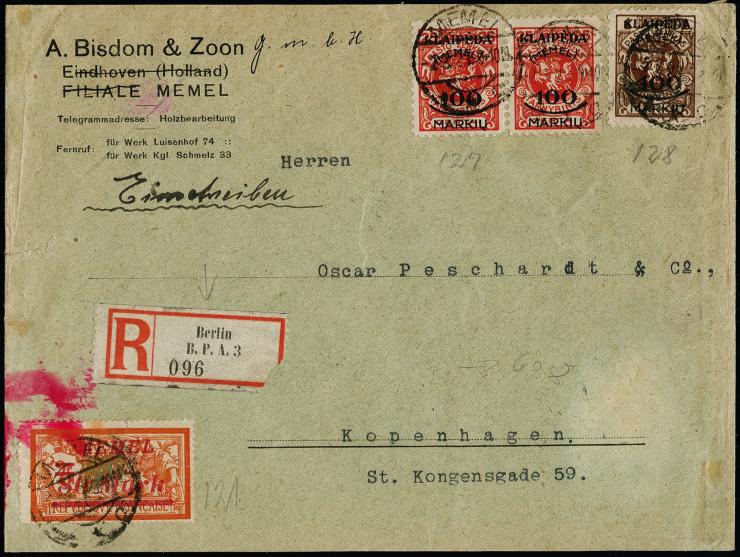 TRANSIT R-ZETTEL: "Berlin B.P.A. 3" auf R-Brief aus Memel nach Kopenhagen, frankiert mit u.a. Sichelausgabe 100 M. im waagere