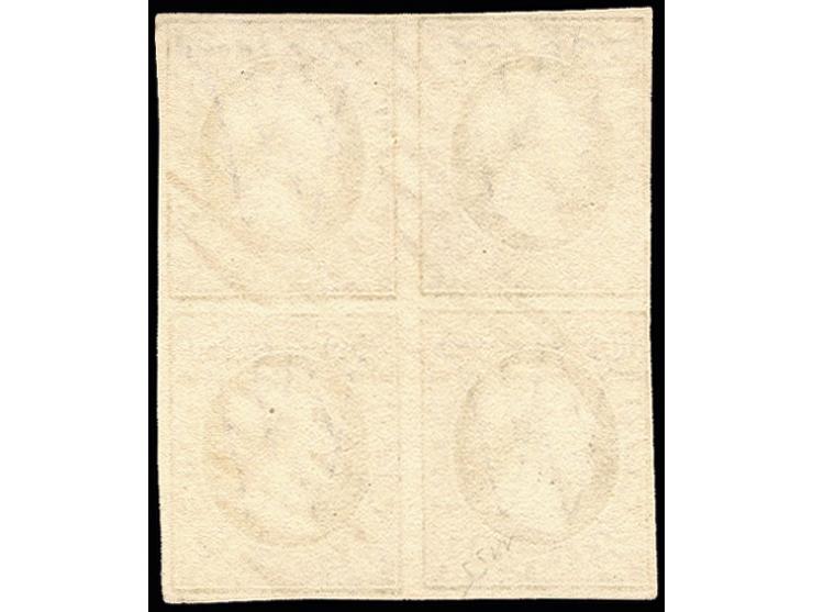 10 c. greenish black (noir verdatre), block of 4 with clear to mostly large margins, neatly canceled by circle of bars; one o